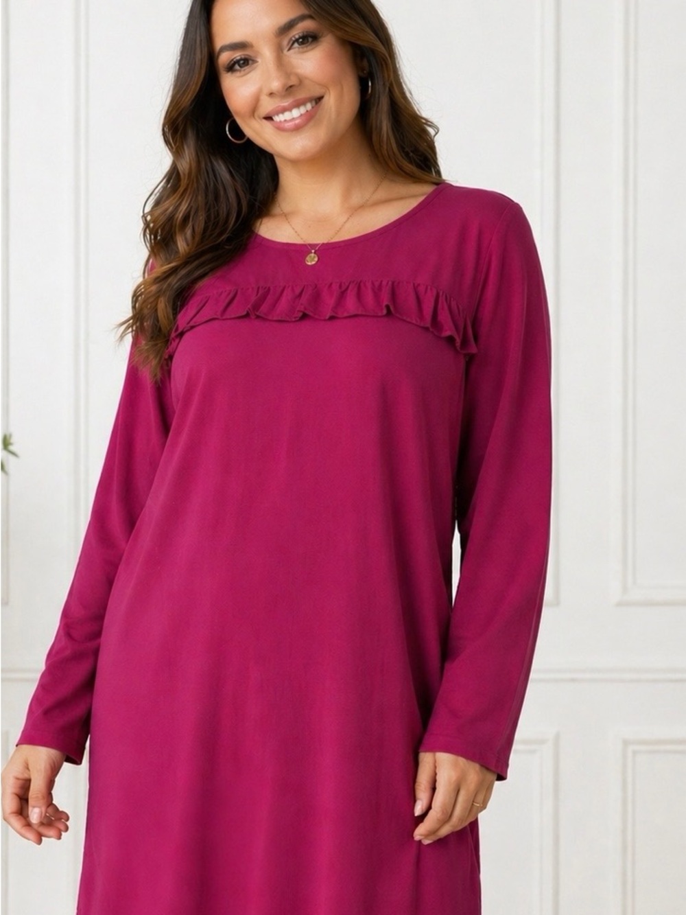 Old Navy Women's Magenta Long Sleeve Ruffled Neckline Shift Dress Size M
